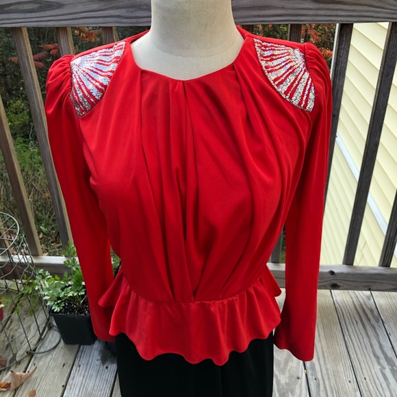 Vintage 80’s red and black sparkle glam rock David Bowie secretary dress - Picture 2 of 4